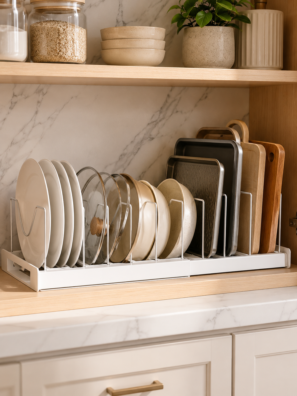Expandable Pot & Pan Organizer Rack – 7-Divider Adjustable Cabinet Organizer for Pots, Pans, Lids & Baking Trays | 12–22"