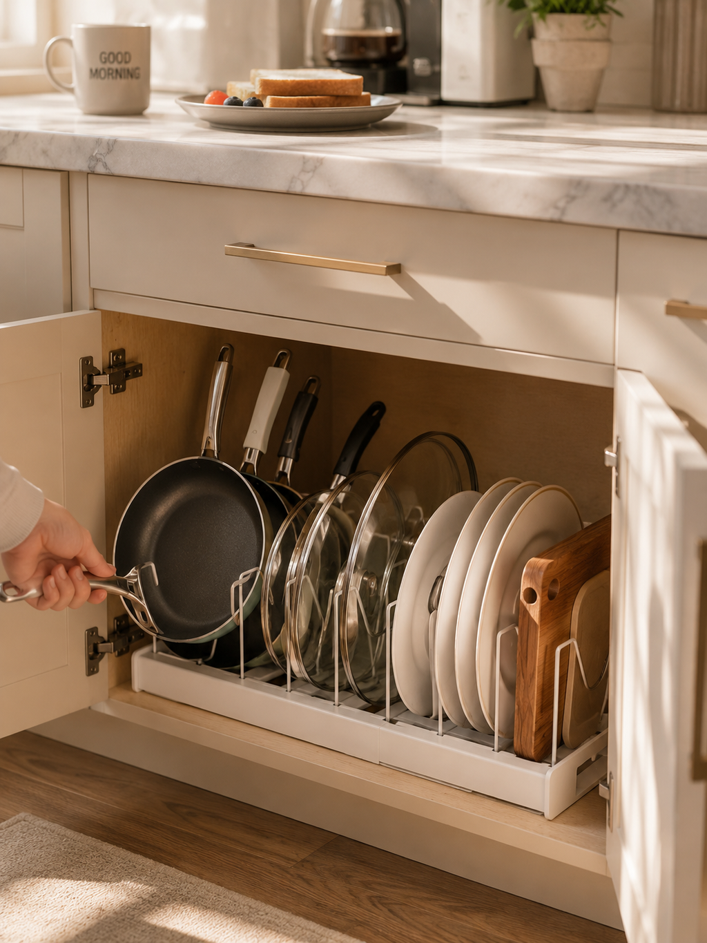 Expandable Pot & Pan Organizer Rack – 7-Divider Adjustable Cabinet Organizer for Pots, Pans, Lids & Baking Trays | 12–22"