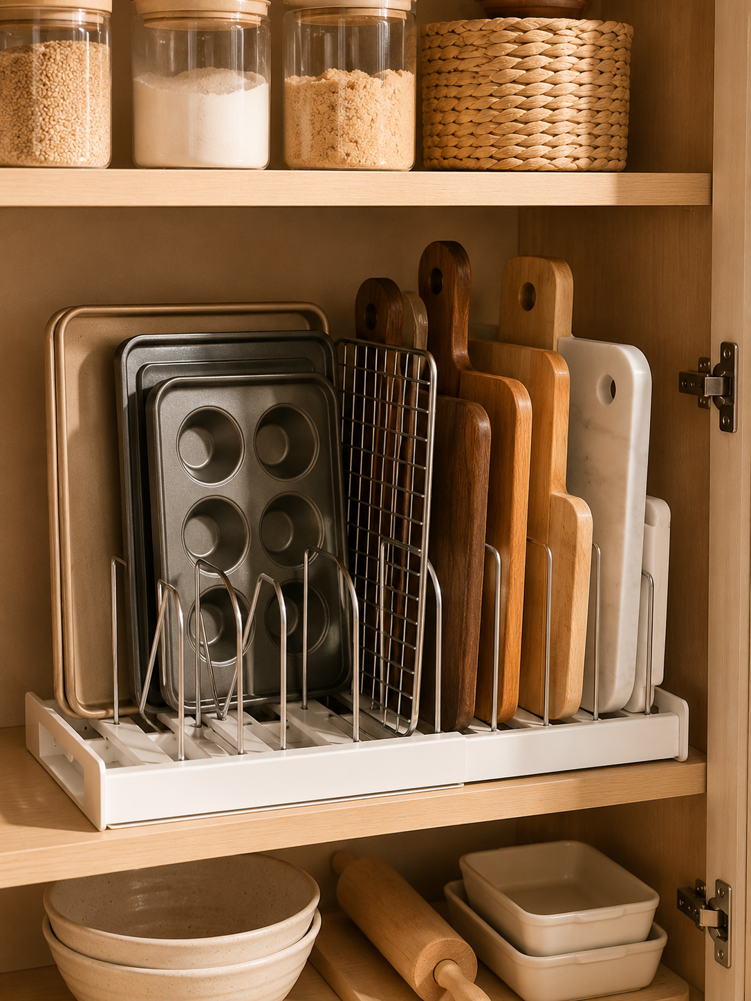 Expandable Pot & Pan Organizer Rack – 7-Divider Adjustable Cabinet Organizer for Pots, Pans, Lids & Baking Trays | 12–22"