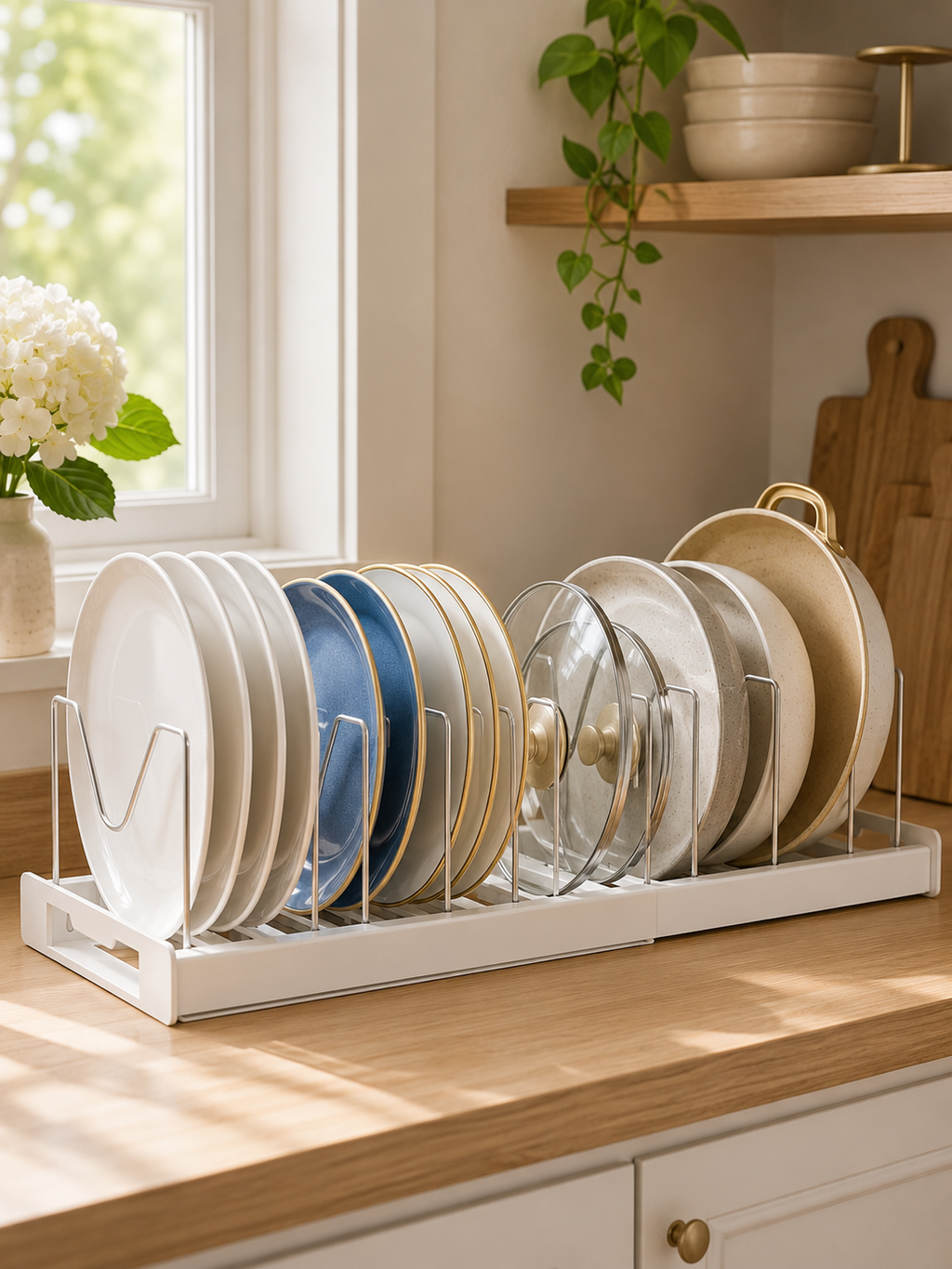 Expandable Pot & Pan Organizer Rack – 7-Divider Adjustable Cabinet Organizer for Pots, Pans, Lids & Baking Trays | 12–22"