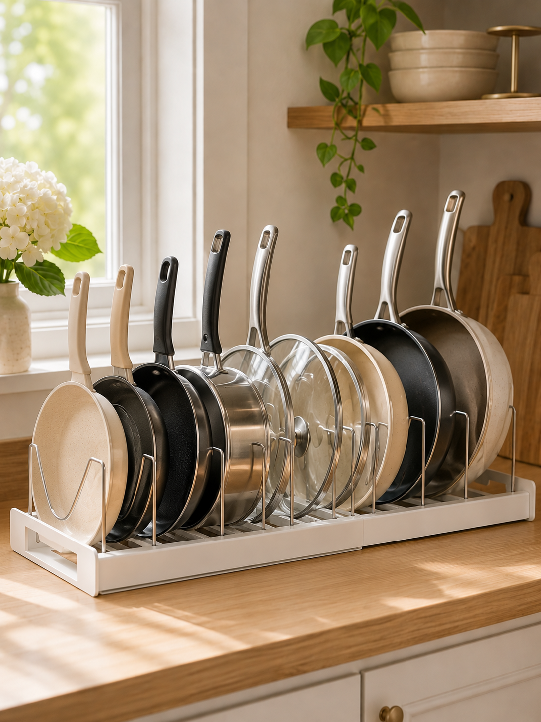 Expandable Pot & Pan Organizer Rack – 7-Divider Adjustable Cabinet Organizer for Pots, Pans, Lids & Baking Trays | 12–22"