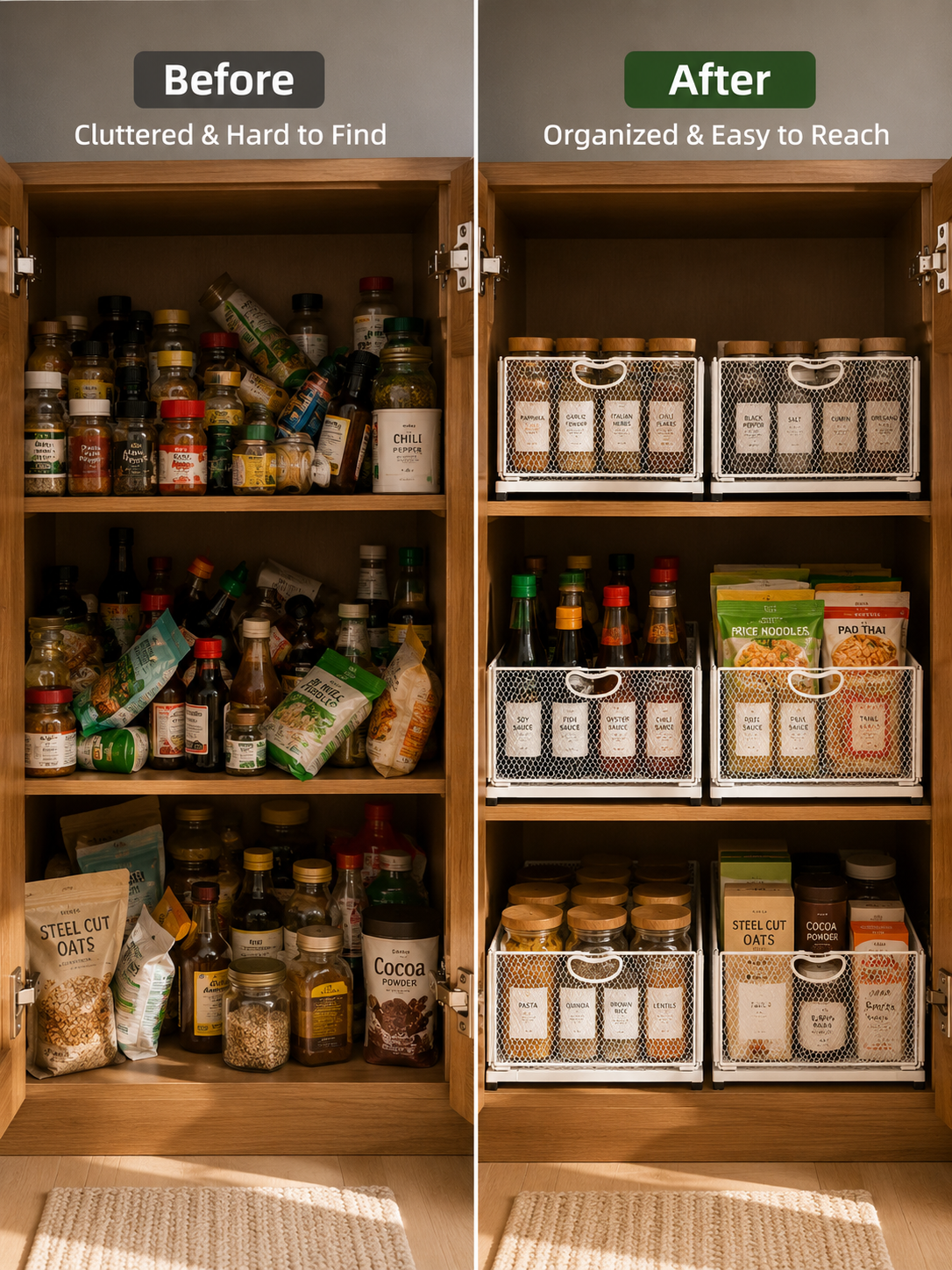 No-Drill Pull-Out Cabinet Storage Basket – Sliding Stainless Steel Kitchen Pantry Organizer | Stacking Bar 30cm | 1 or 2 Piece