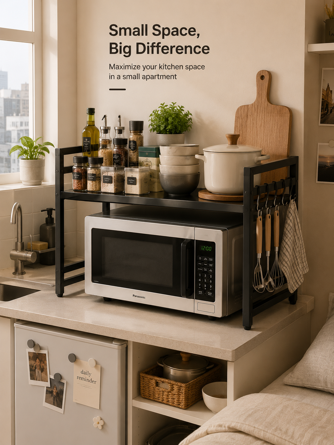 Adjustable height and width Microwave Rack – Heavy-Duty 100kg Kitchen Counter Shelf with Hooks & Storage | Black