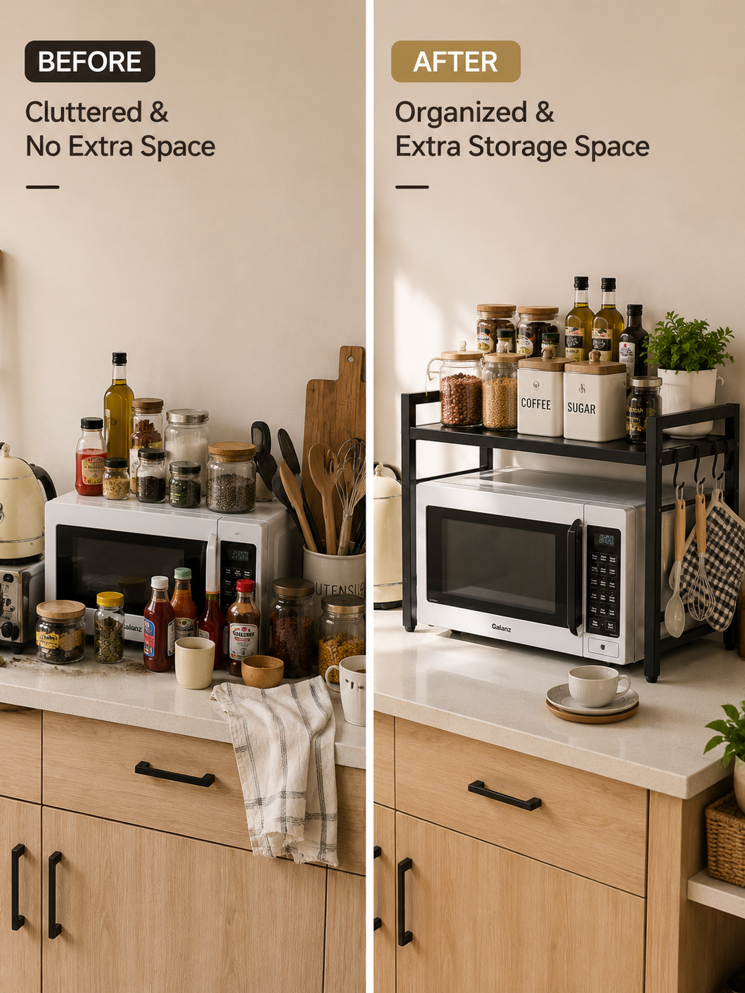 Adjustable height and width Microwave Rack – Heavy-Duty 100kg Kitchen Counter Shelf with Hooks & Storage | Black