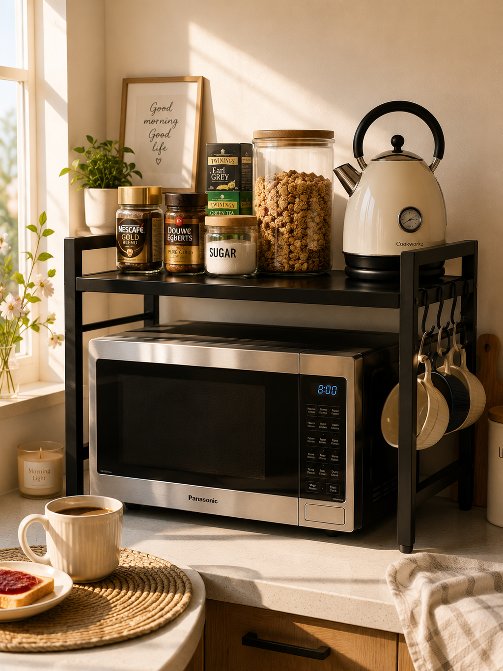 Adjustable height and width Microwave Rack – Heavy-Duty 100kg Kitchen Counter Shelf with Hooks & Storage | Black