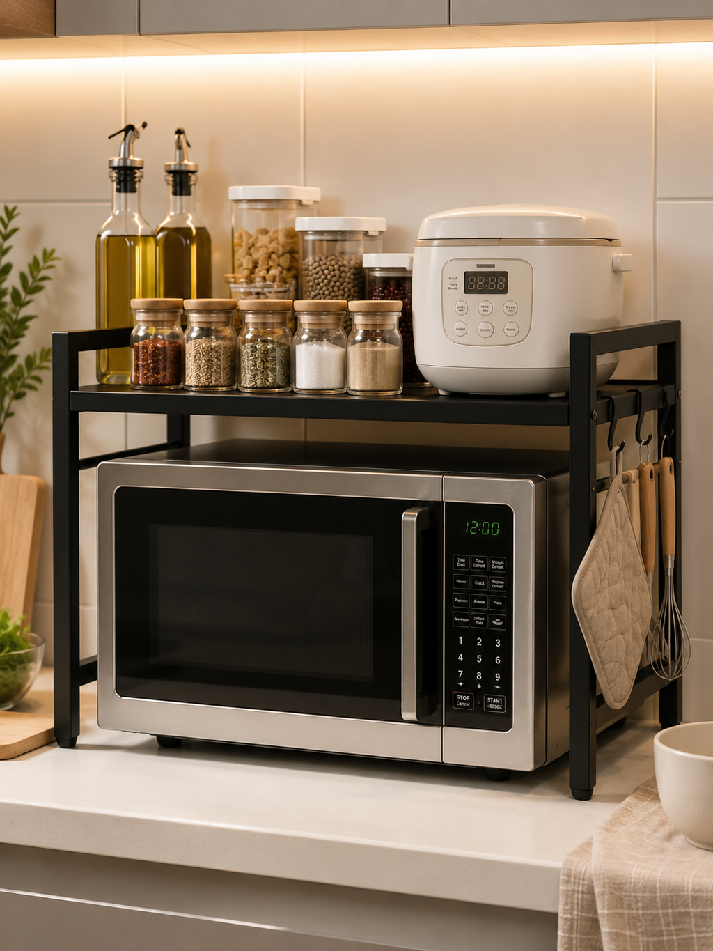 Adjustable height and width Microwave Rack – Heavy-Duty 100kg Kitchen Counter Shelf with Hooks & Storage | Black