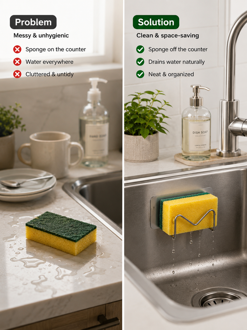 1 or 2 Piece | No-Drill Adhesive Sponge Holder – Under Sink Kitchen Sponge Caddy for Fast Drying | Metal