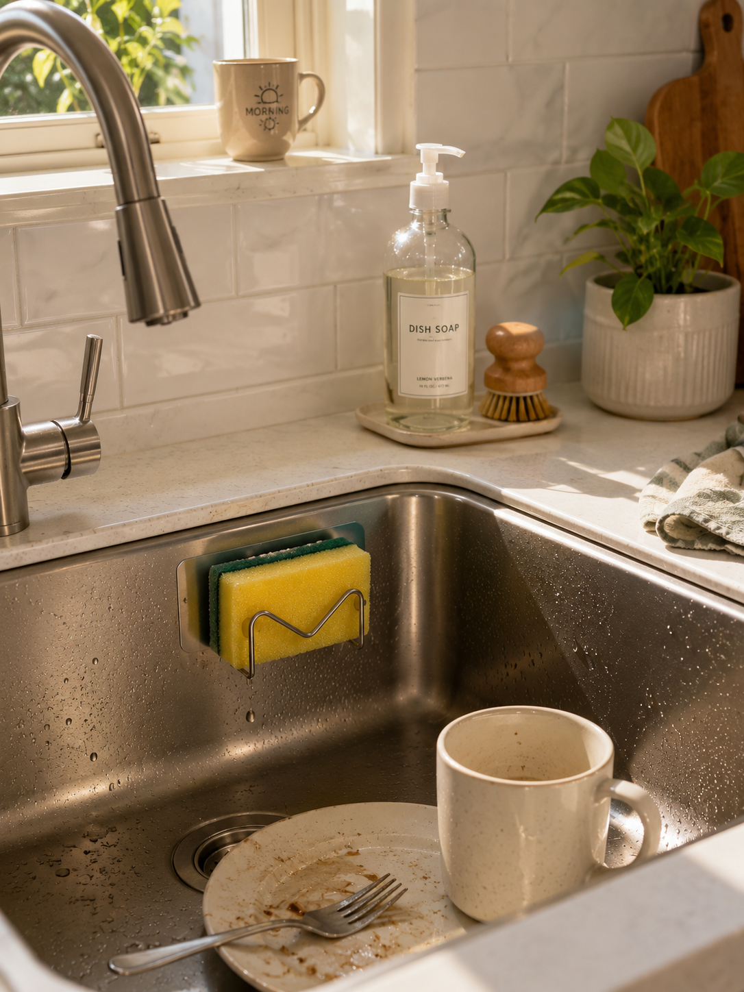 1 or 2 Piece | No-Drill Adhesive Sponge Holder – Under Sink Kitchen Sponge Caddy for Fast Drying | Metal