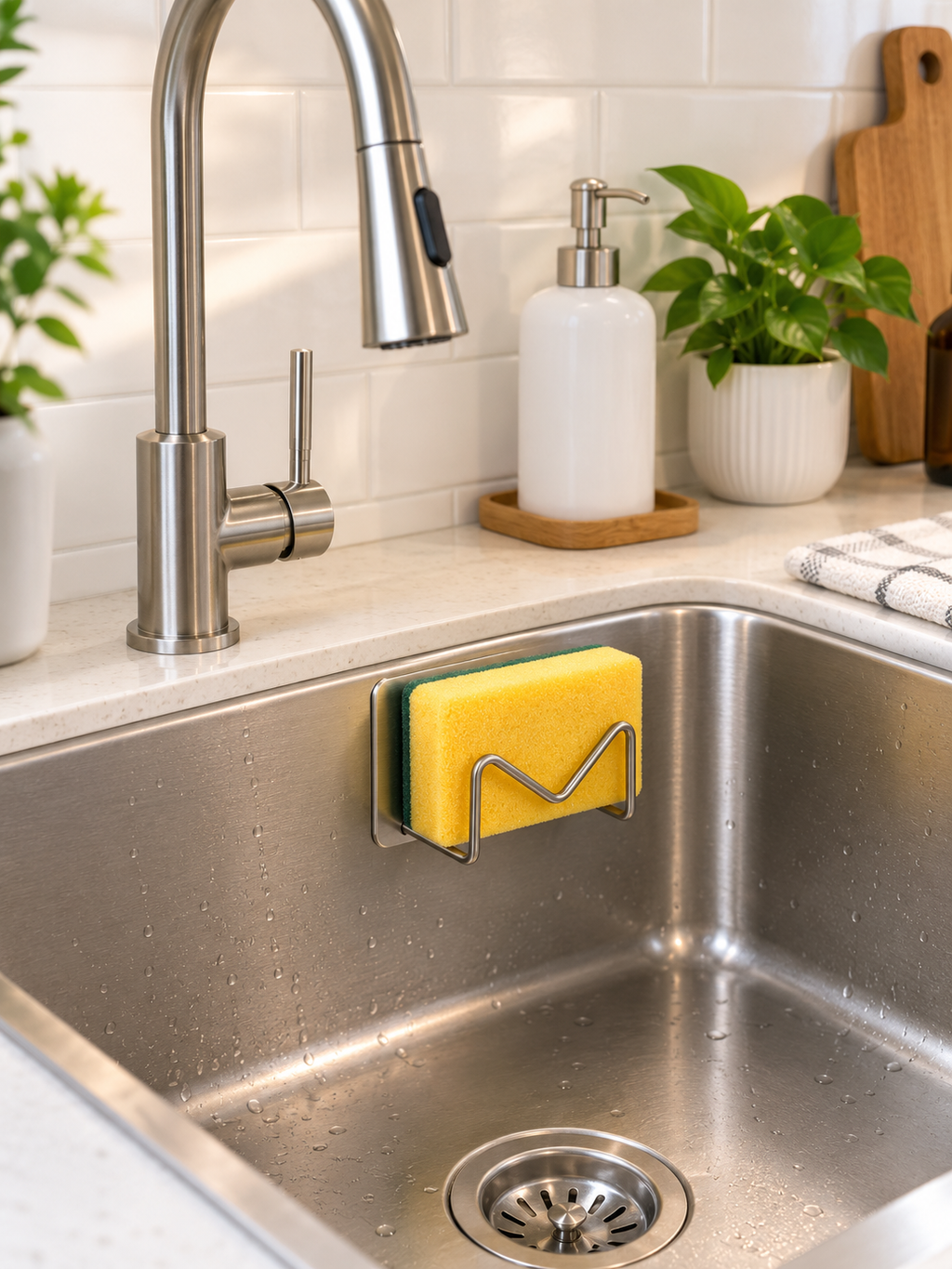 1 or 2 Piece | No-Drill Adhesive Sponge Holder – Under Sink Kitchen Sponge Caddy for Fast Drying | Metal
