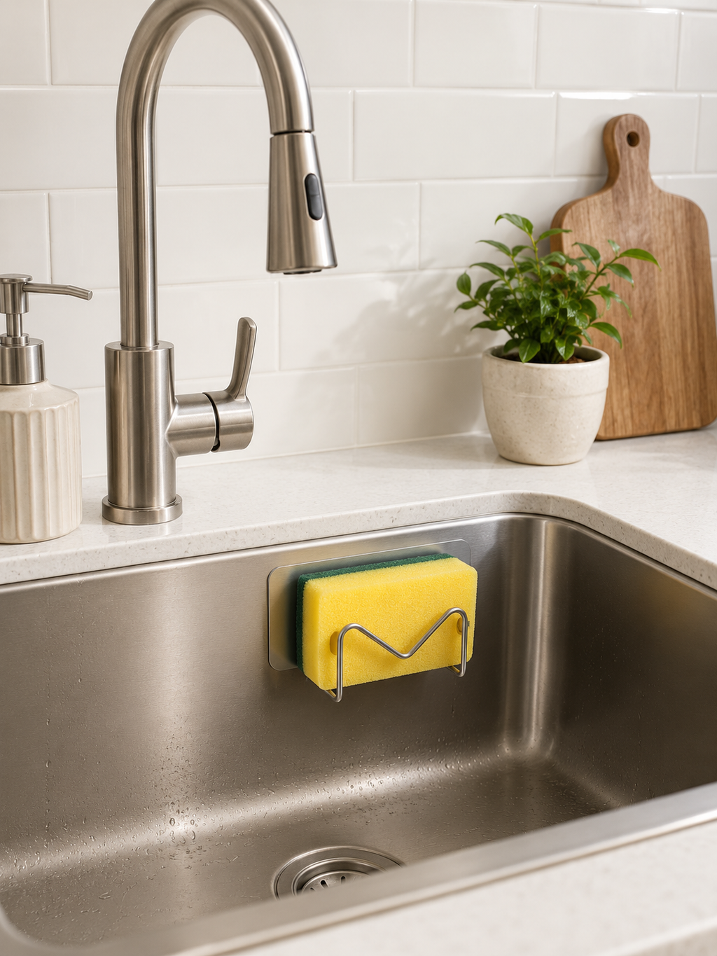 1 or 2 Piece | No-Drill Adhesive Sponge Holder – Under Sink Kitchen Sponge Caddy for Fast Drying | Metal