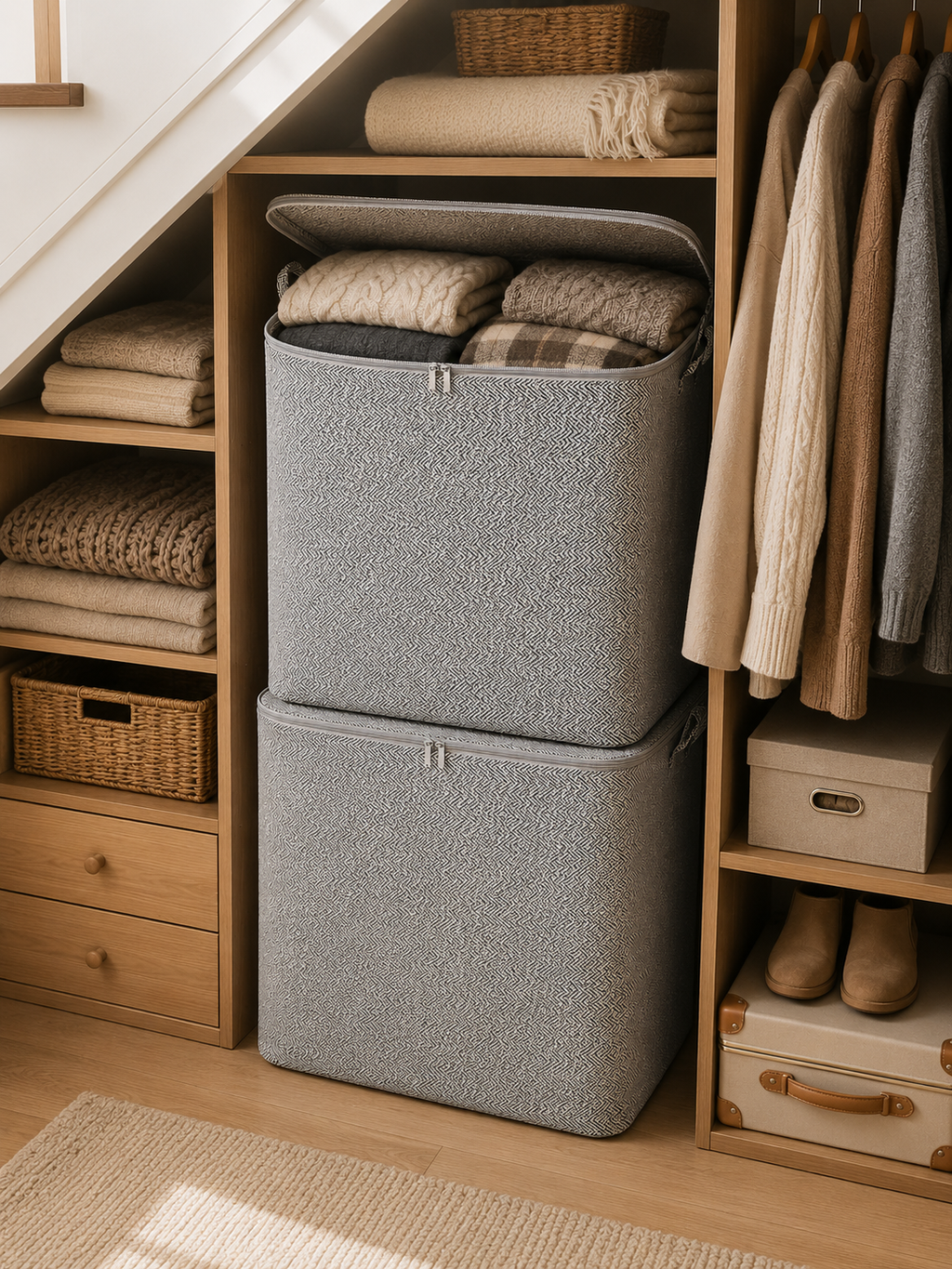 1 / 2 / 3 Piece  | Large Cube Storage Box with Zipper Lid – L Stackable Foldable Fabric Organizer with Handles