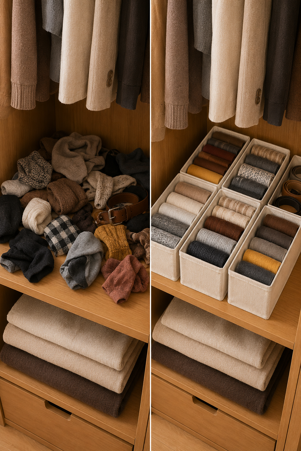3 Pack - Drawer Wardrobe Storage Organizer – Open-  Boxes for Scarves, Socks & Small Foldable Items | Beige