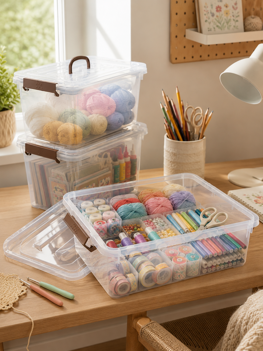 6-Pack Clear Stackable Storage Bins – 7 Quart Latching Plastic Containers with Lid & Brown Handles