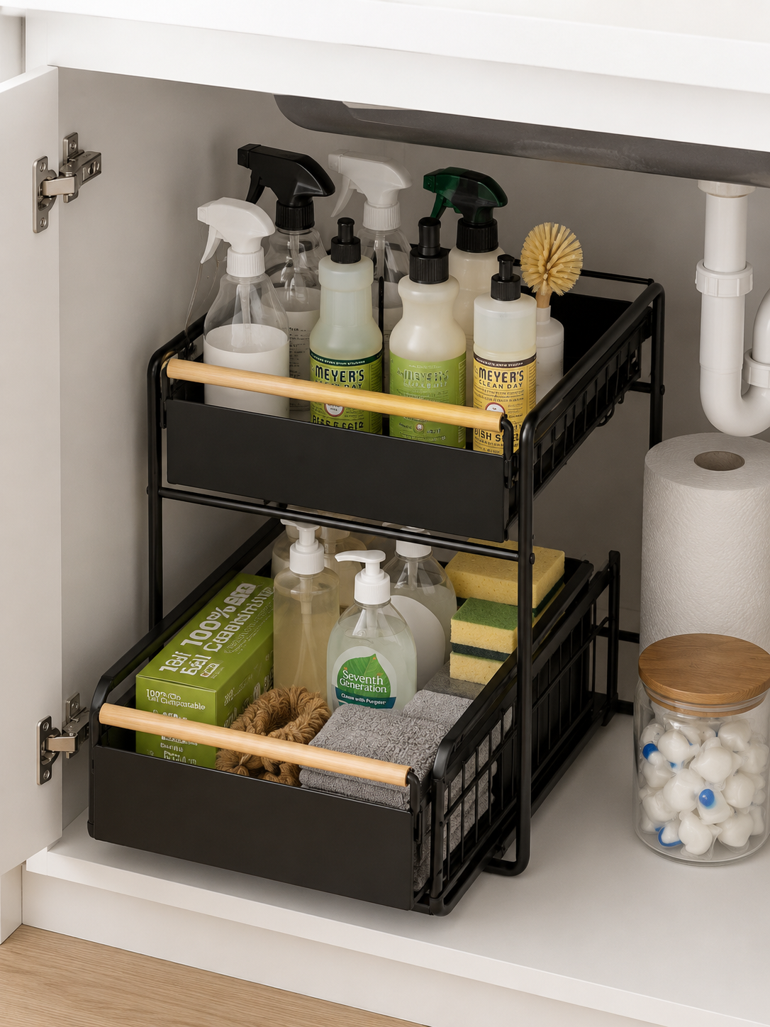 No drill 2-Tier Pull-Out Cabinet Organizer – Sliding Under Sink Storage Drawer | Kitchen, Bathroom & Bedroom | Black