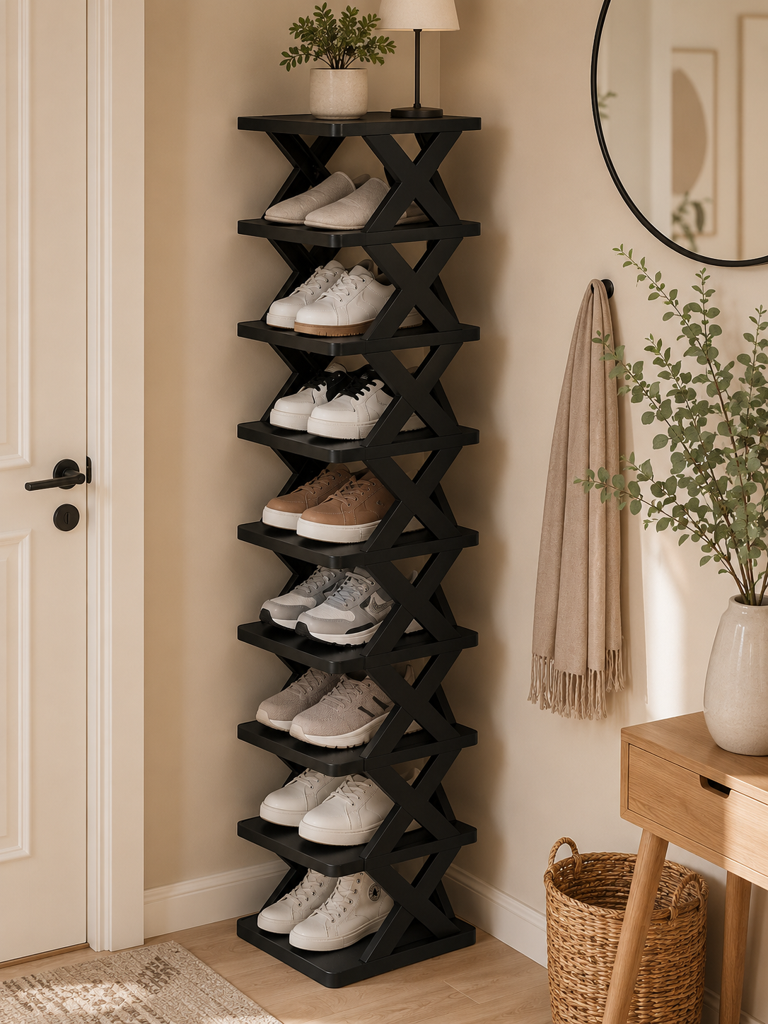 6/9-Tier  Vertical Shoe Rack – Space-Saving Detachable Stackable Shoe Storage Organizer | Solid Black