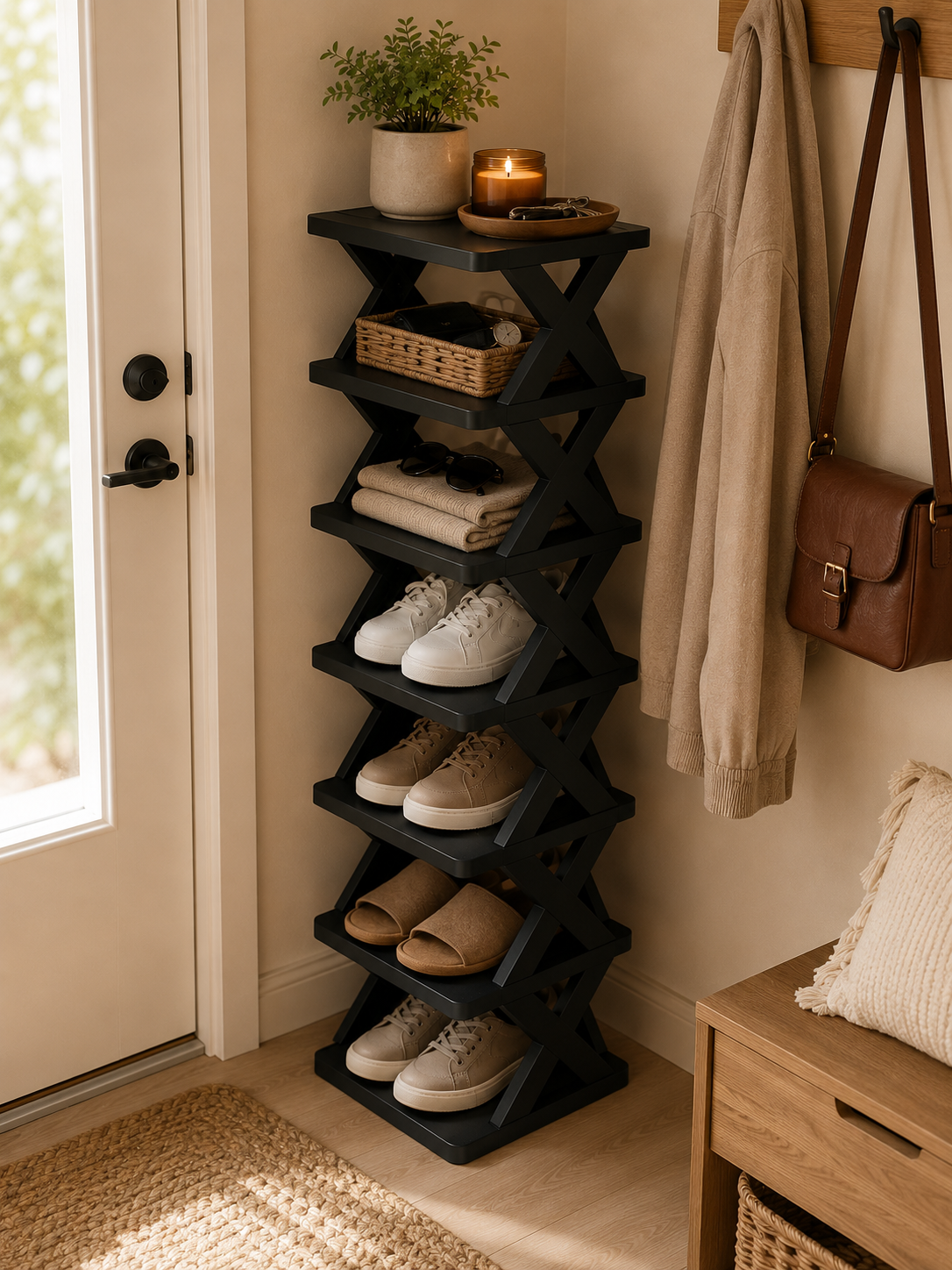 6/9-Tier  Vertical Shoe Rack – Space-Saving Detachable Stackable Shoe Storage Organizer | Solid Black
