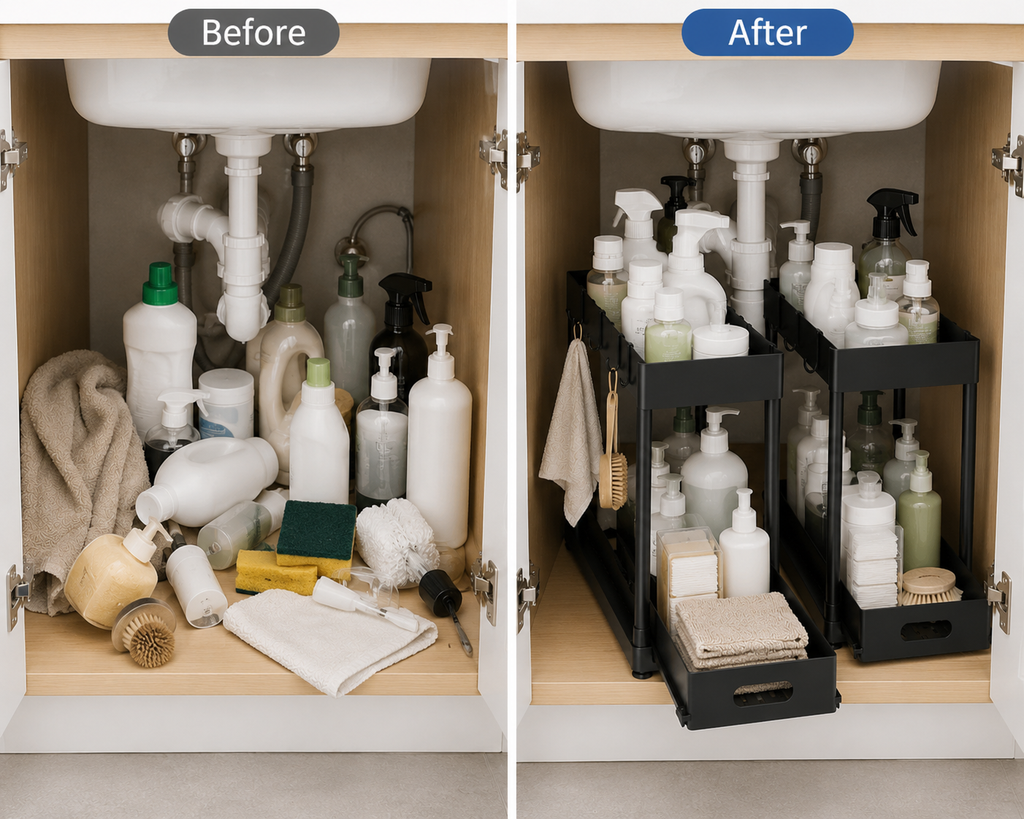 No drill Pull-Out Under Sink Storage Organizer – Sliding Two-Tier Cabinet Organizer for Kitchen & Bathroom | Black