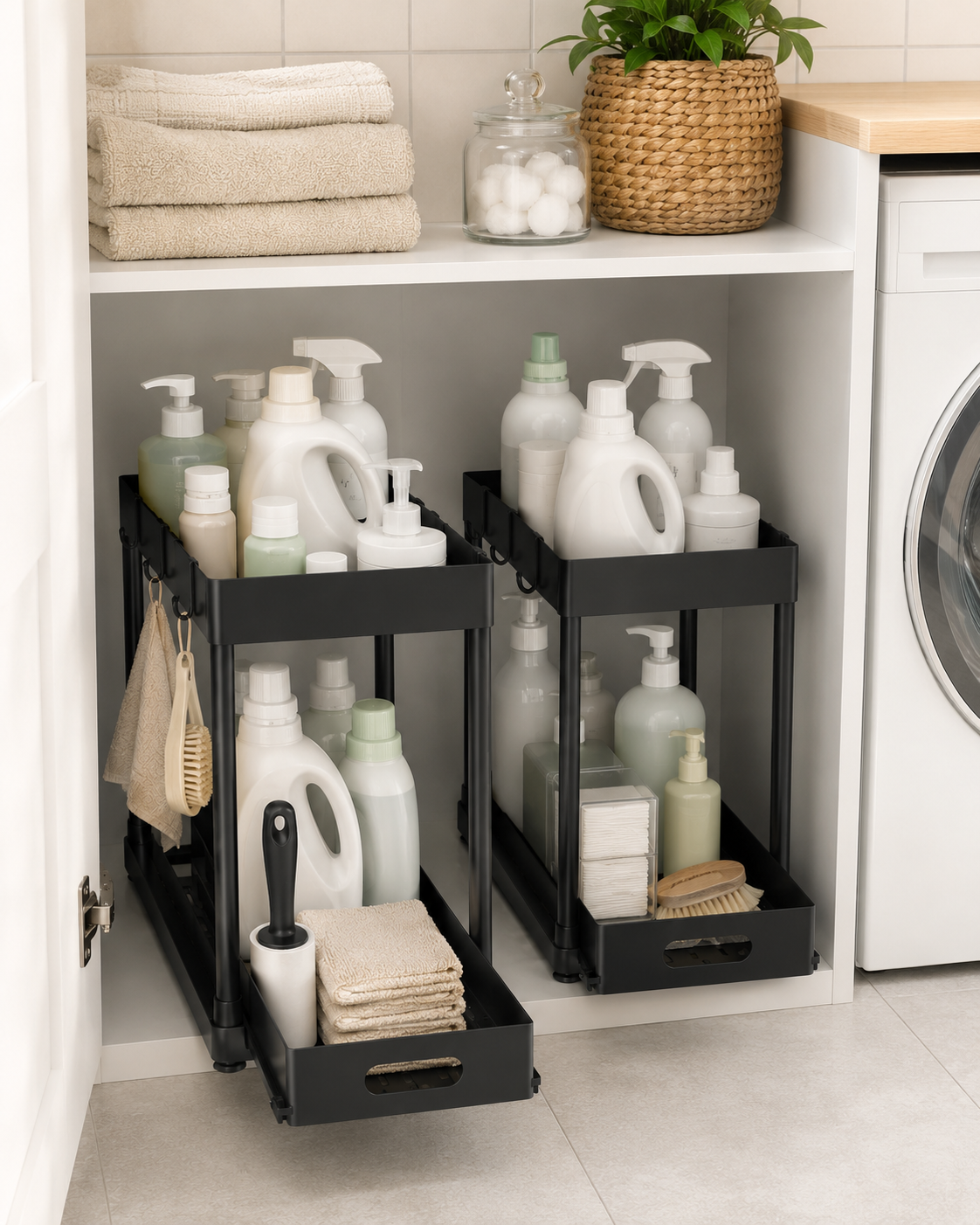 No drill Pull-Out Under Sink Storage Organizer – Sliding Two-Tier Cabinet Organizer for Kitchen & Bathroom | Black