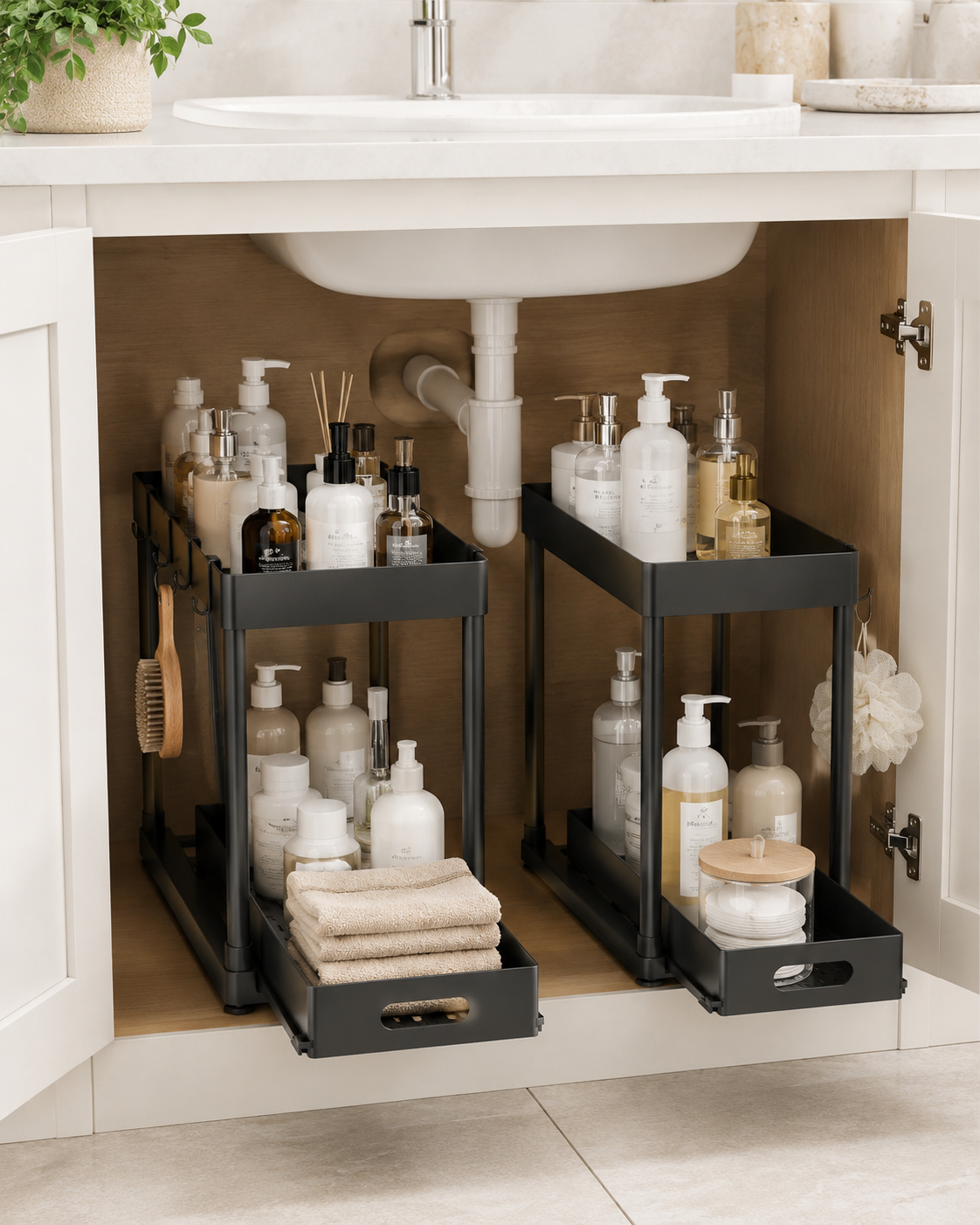 No drill Pull-Out Under Sink Storage Organizer – Sliding Two-Tier Cabinet Organizer for Kitchen & Bathroom | Black