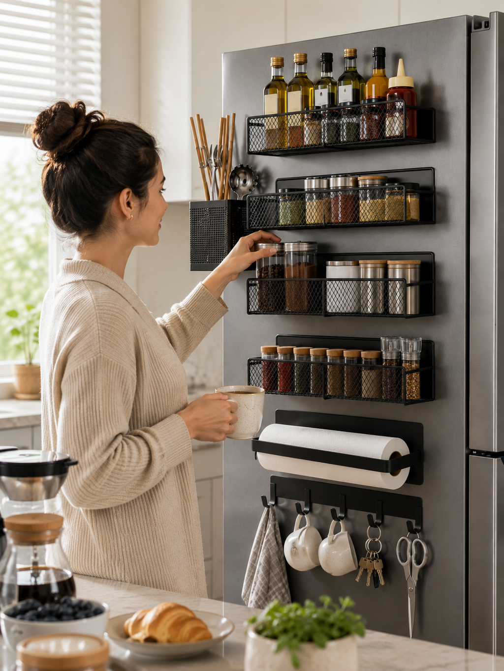 4-Piece Magnetic Spice Rack for Refrigerator – Metal Shelves, Hooks & Paper Towel Holder | No Drilling | Black