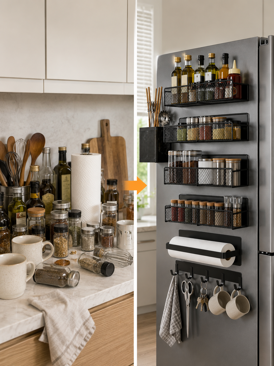 4-Piece Magnetic Spice Rack for Refrigerator – Metal Shelves, Hooks & Paper Towel Holder | No Drilling | Black