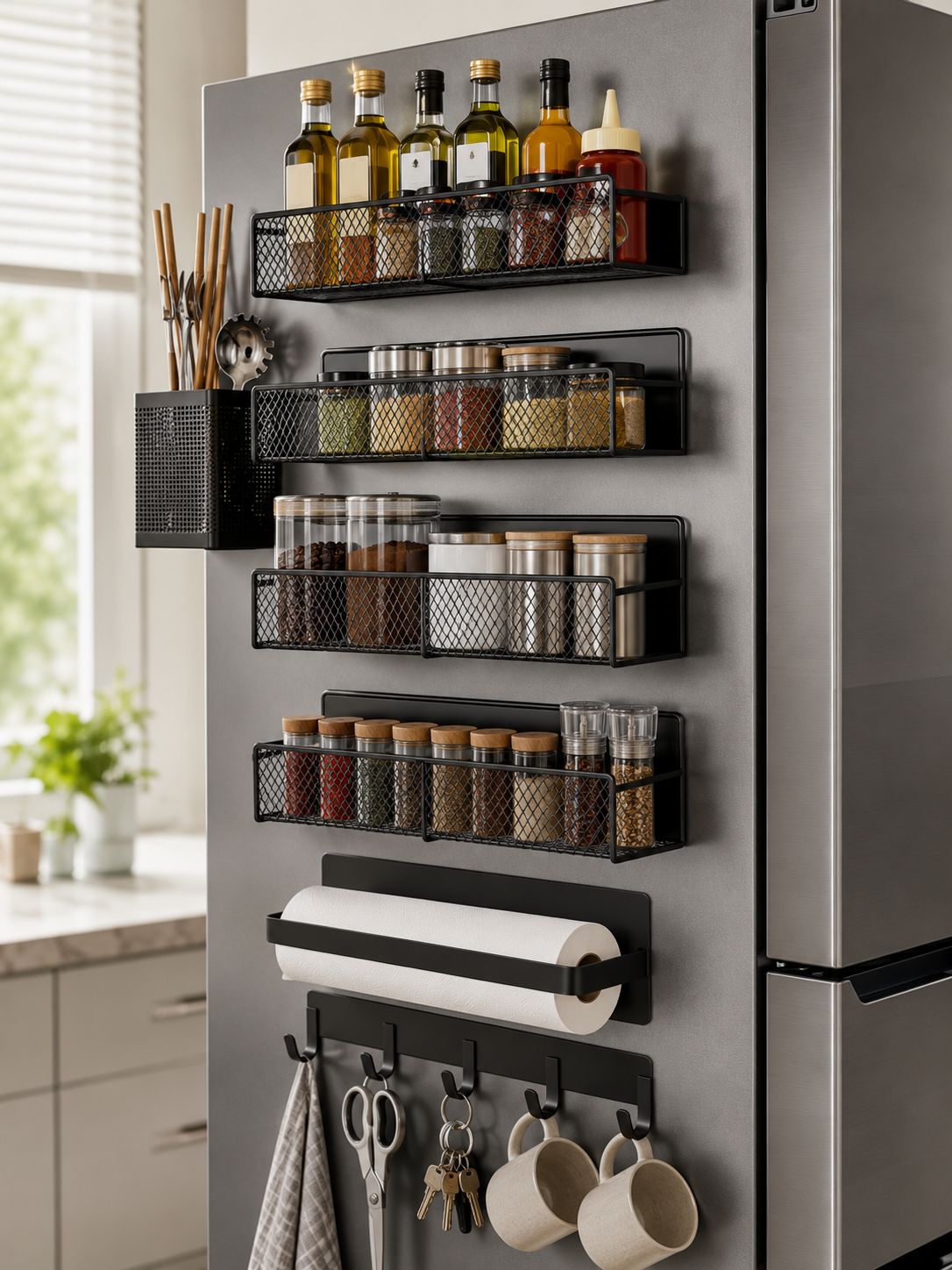4-Piece Magnetic Spice Rack for Refrigerator – Metal Shelves, Hooks & Paper Towel Holder | No Drilling | Black