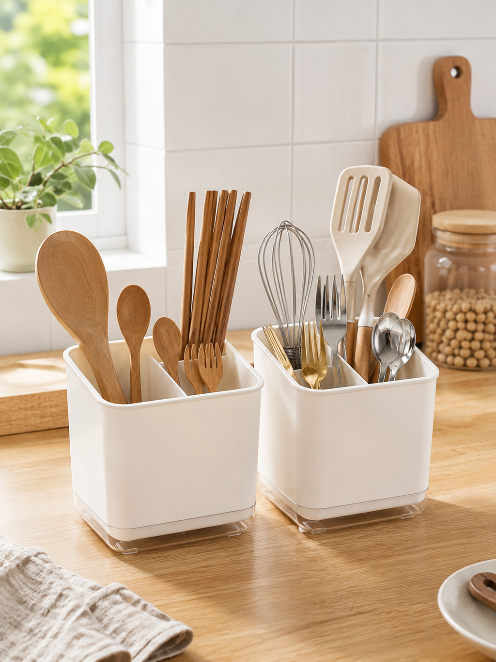 1 or 2 Piece -- Double Layer Utensil Holder – Detachable 2-Compartment Chopstick & Cutlery Organizer with Drain Tray