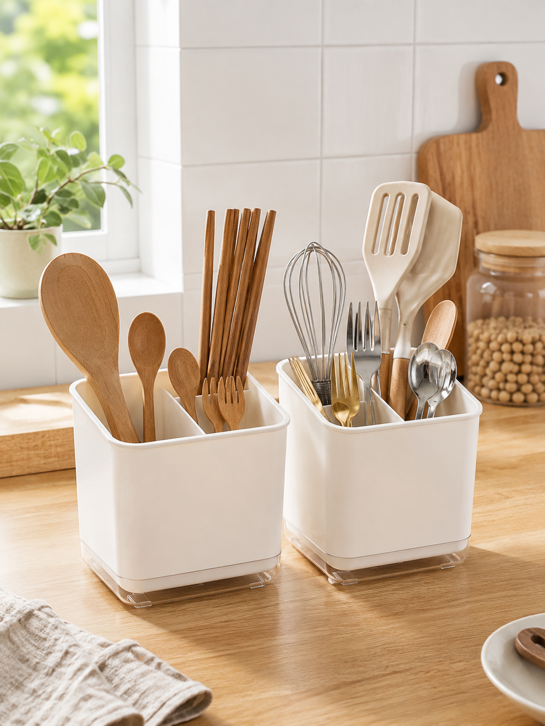 1 or 2 Piece -- Double Layer Utensil Holder – Detachable 2-Compartment Chopstick & Cutlery Organizer with Drain Tray