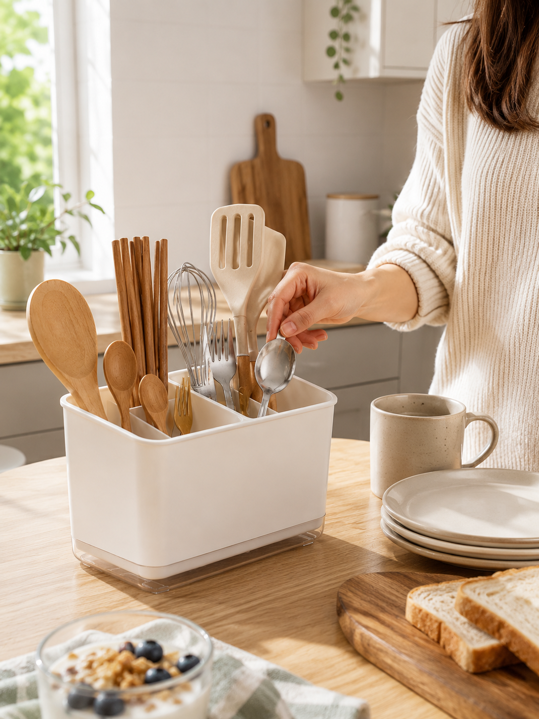 1 or 2 Piece -- Double Layer Utensil Holder – Detachable 2-Compartment Chopstick & Cutlery Organizer with Drain Tray