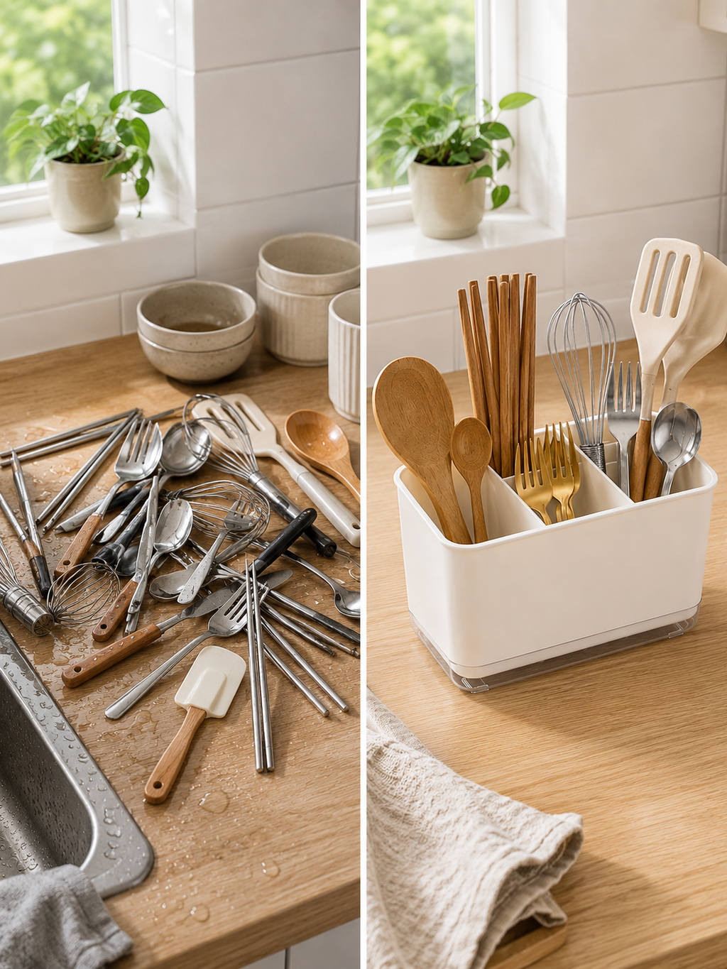1 or 2 Piece -- Double Layer Utensil Holder – Detachable 2-Compartment Chopstick & Cutlery Organizer with Drain Tray