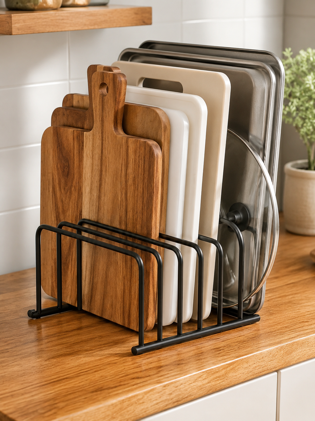 5-Slot – Cutting Board Storage Rack Stainless Steel Kitchen Organizer for Cutting Boards, Baking Sheets & Pot Lids | 1 or 2 Pack