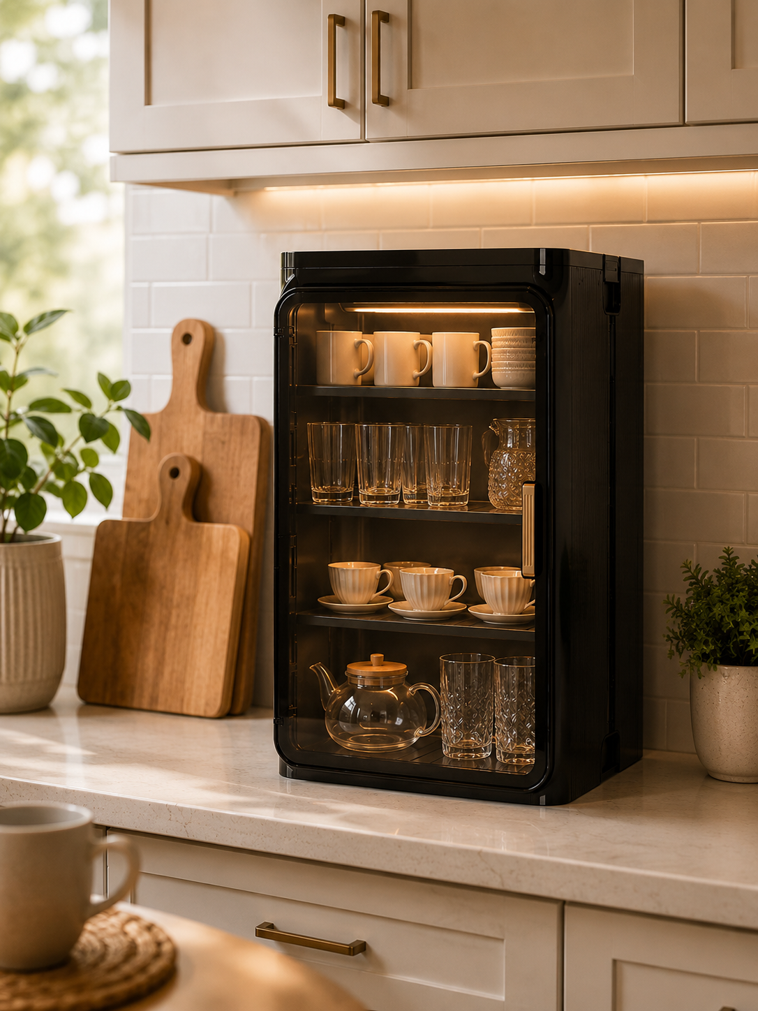 Stackable Dustproof Cup Storage Box – Multilayer Plastic Cup Organizer with Transparent Door | 2 or 4 Tier | Black