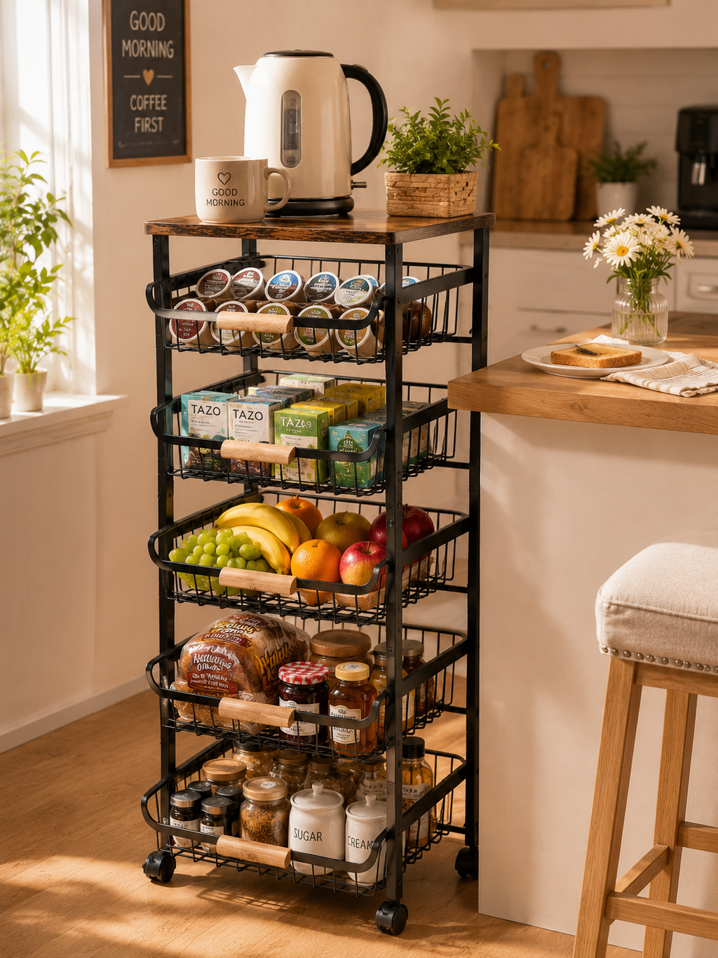5-Tier Rolling Kitchen Cart with Wooden Top – Extendable Slide-Out Metal Mesh Baskets with Wheels for Kitchen & Pantry
