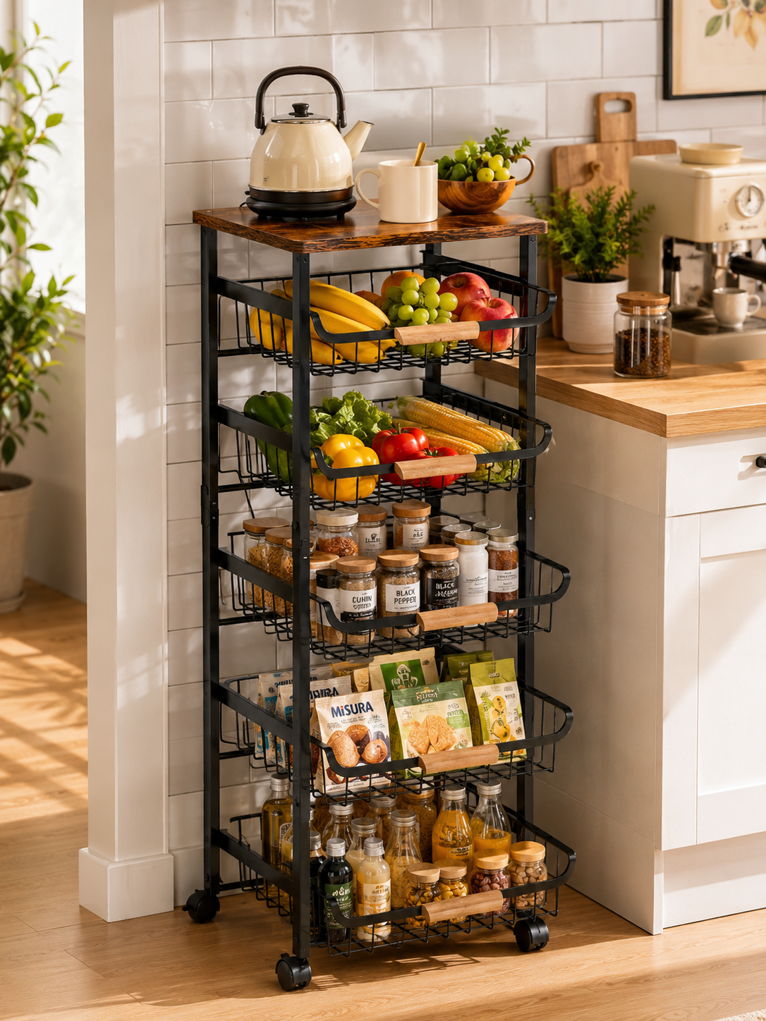 5-Tier Rolling Kitchen Cart with Wooden Top – Extendable Slide-Out Metal Mesh Baskets with Wheels for Kitchen & Pantry