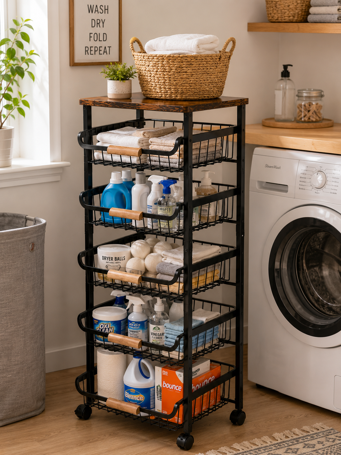 5-Tier Rolling Kitchen Cart with Wooden Top – Extendable Slide-Out Metal Mesh Baskets with Wheels for Kitchen & Pantry