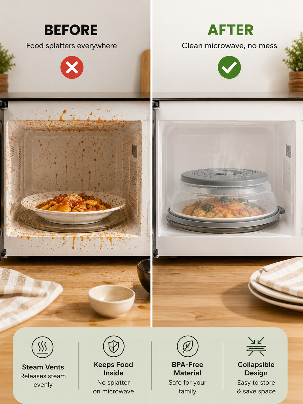 Collapsible Microwave Cover – Vented Splatter Guard with Foldable Design for Easy Storage | Gray