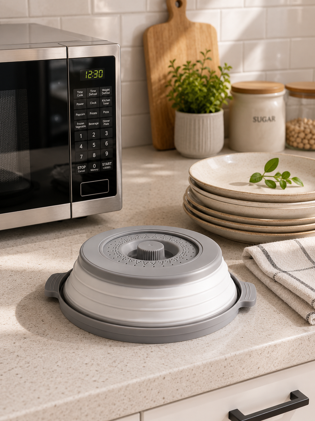 Collapsible Microwave Cover – Vented Splatter Guard with Foldable Design for Easy Storage | Gray