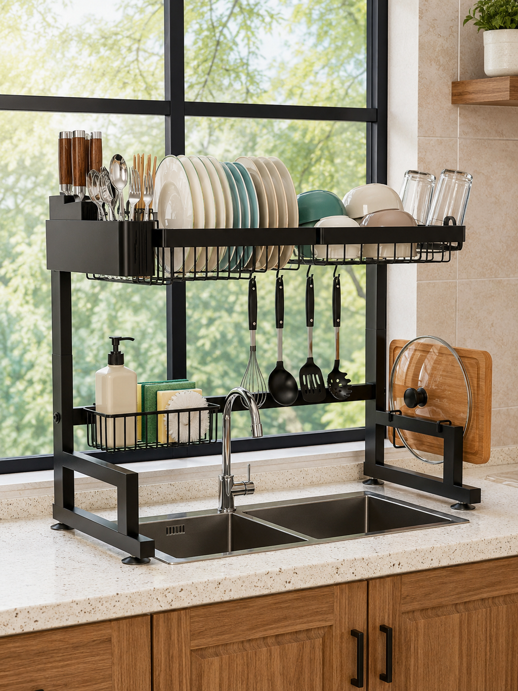 Adjustable Width  Over Sink Dish Drying Rack – Adjustable Width 24–35.5" Expandable Dish Drainer with Multi-Level Storage | Metal