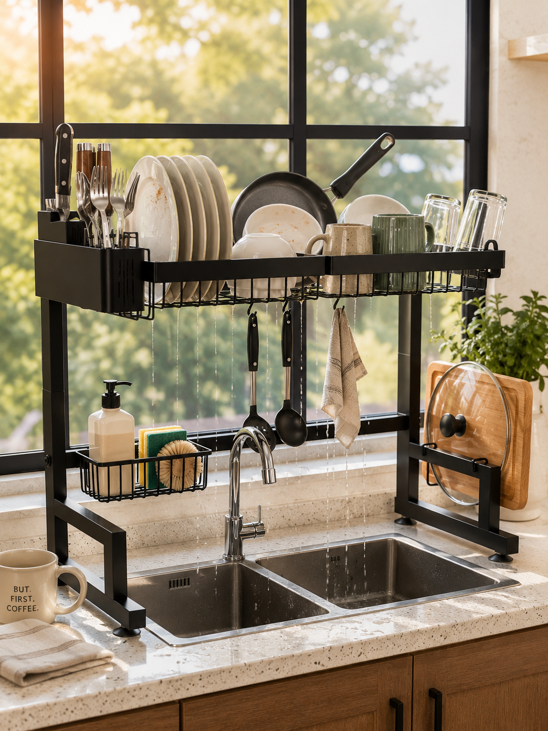 Adjustable Width  Over Sink Dish Drying Rack – Adjustable Width 24–35.5" Expandable Dish Drainer with Multi-Level Storage | Metal