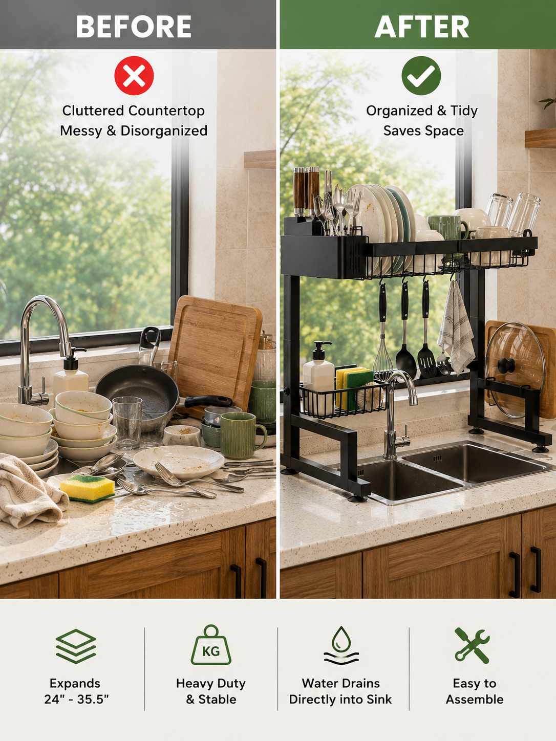 Adjustable Width  Over Sink Dish Drying Rack – Adjustable Width 24–35.5" Expandable Dish Drainer with Multi-Level Storage | Metal