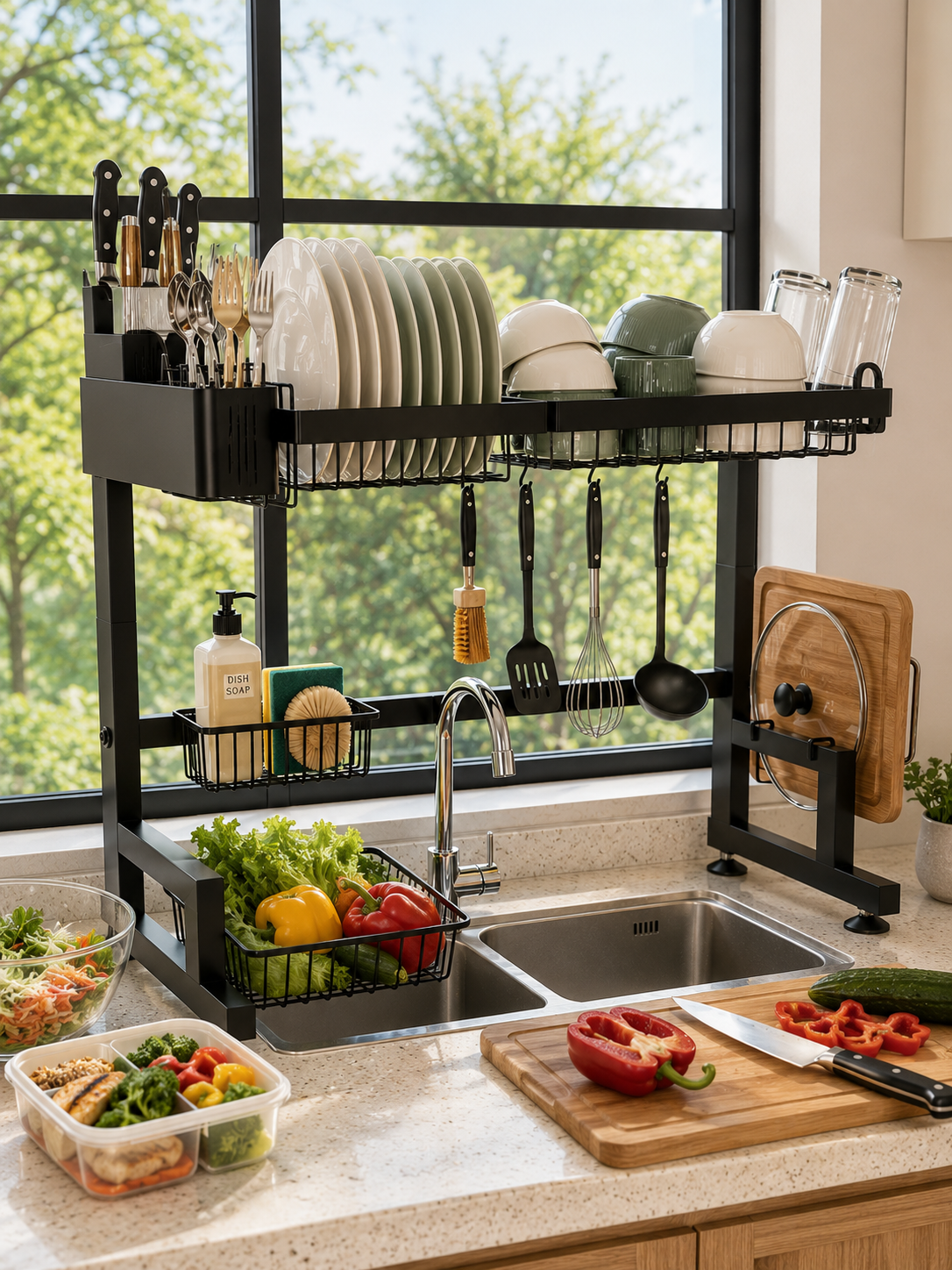 Adjustable Width  Over Sink Dish Drying Rack – Adjustable Width 24–35.5" Expandable Dish Drainer with Multi-Level Storage | Metal