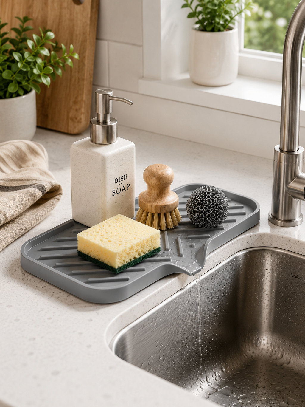 Silicone Sink Mat – Anti-Slip  Draining Pad for Sponge, Soap & Soap Dispenser | Kitchen & Bathroom Sink Organizer | Gray