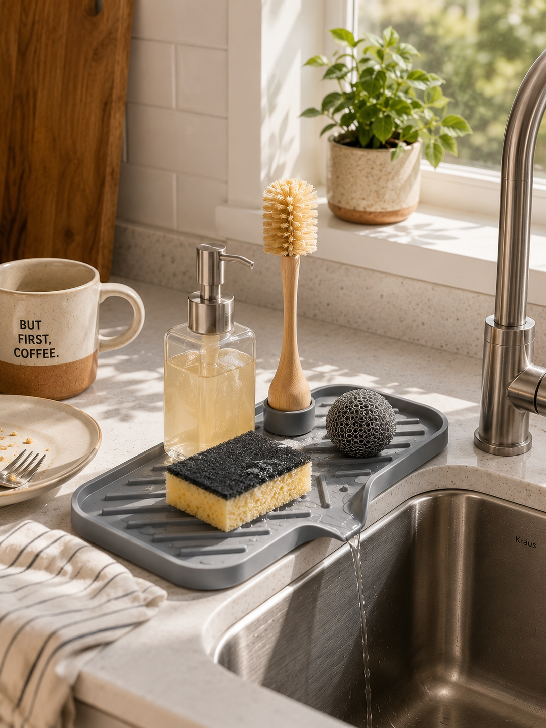 Silicone Sink Mat – Anti-Slip  Draining Pad for Sponge, Soap & Soap Dispenser | Kitchen & Bathroom Sink Organizer | Gray
