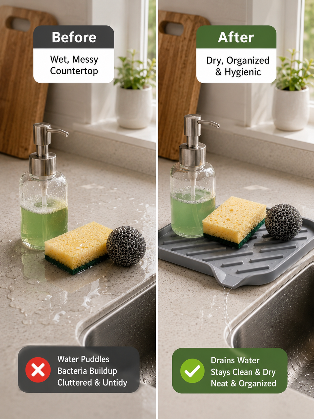 Silicone Sink Mat – Anti-Slip  Draining Pad for Sponge, Soap & Soap Dispenser | Kitchen & Bathroom Sink Organizer | Gray
