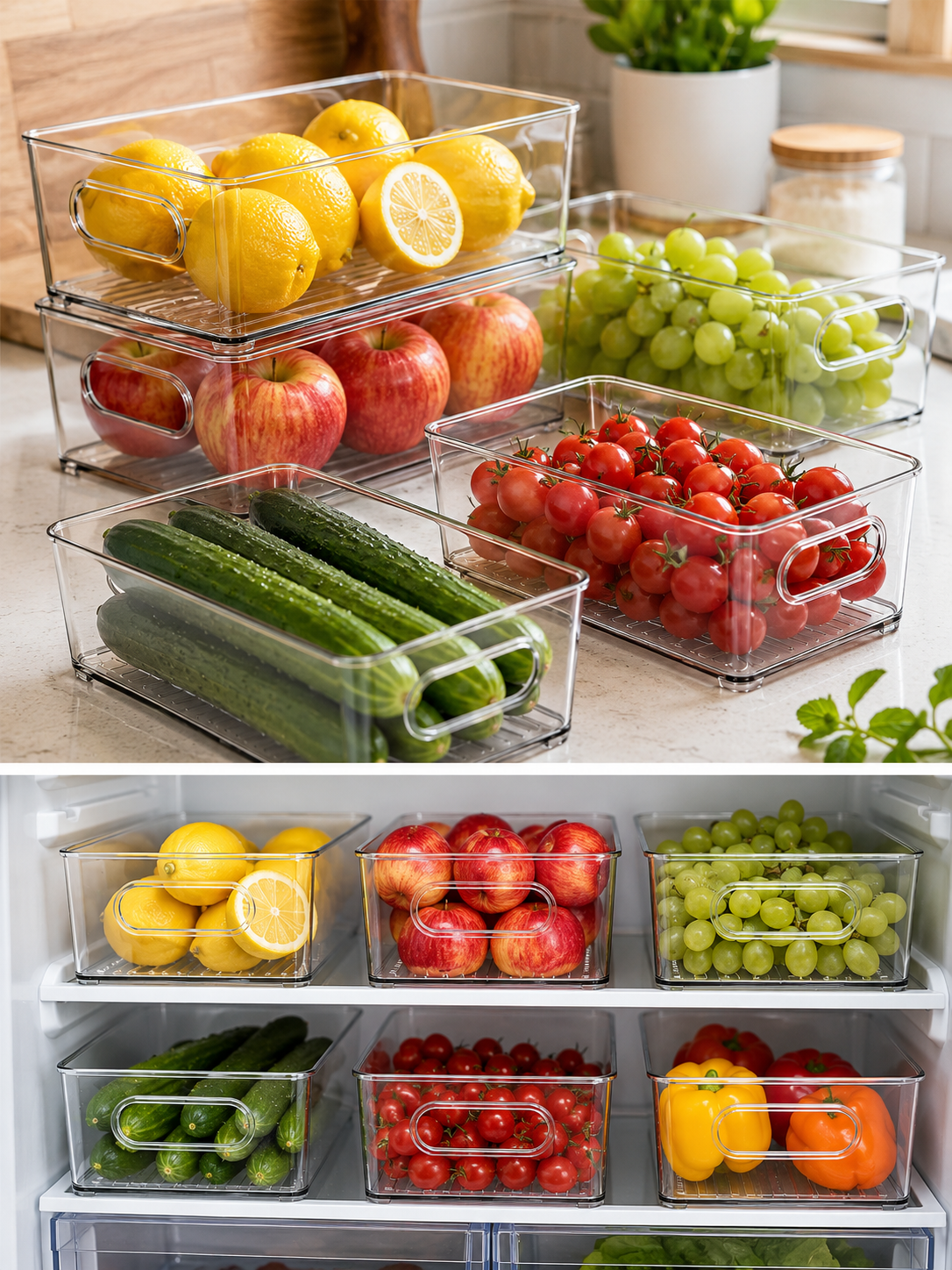 2/3-Pack Clear Pantry & Refrigerator &  Organizer Bins – Stackable Storage Containers with Handles | 25.5 × 15.1 × 7.6 cm