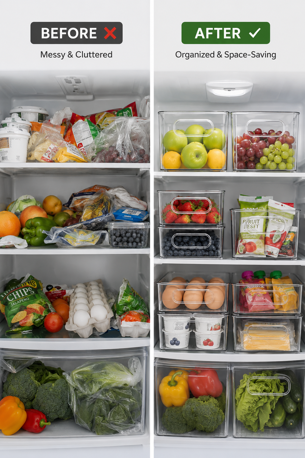 2/3-Pack Clear Pantry & Refrigerator &  Organizer Bins – Stackable Storage Containers with Handles | 25.5 × 15.1 × 7.6 cm