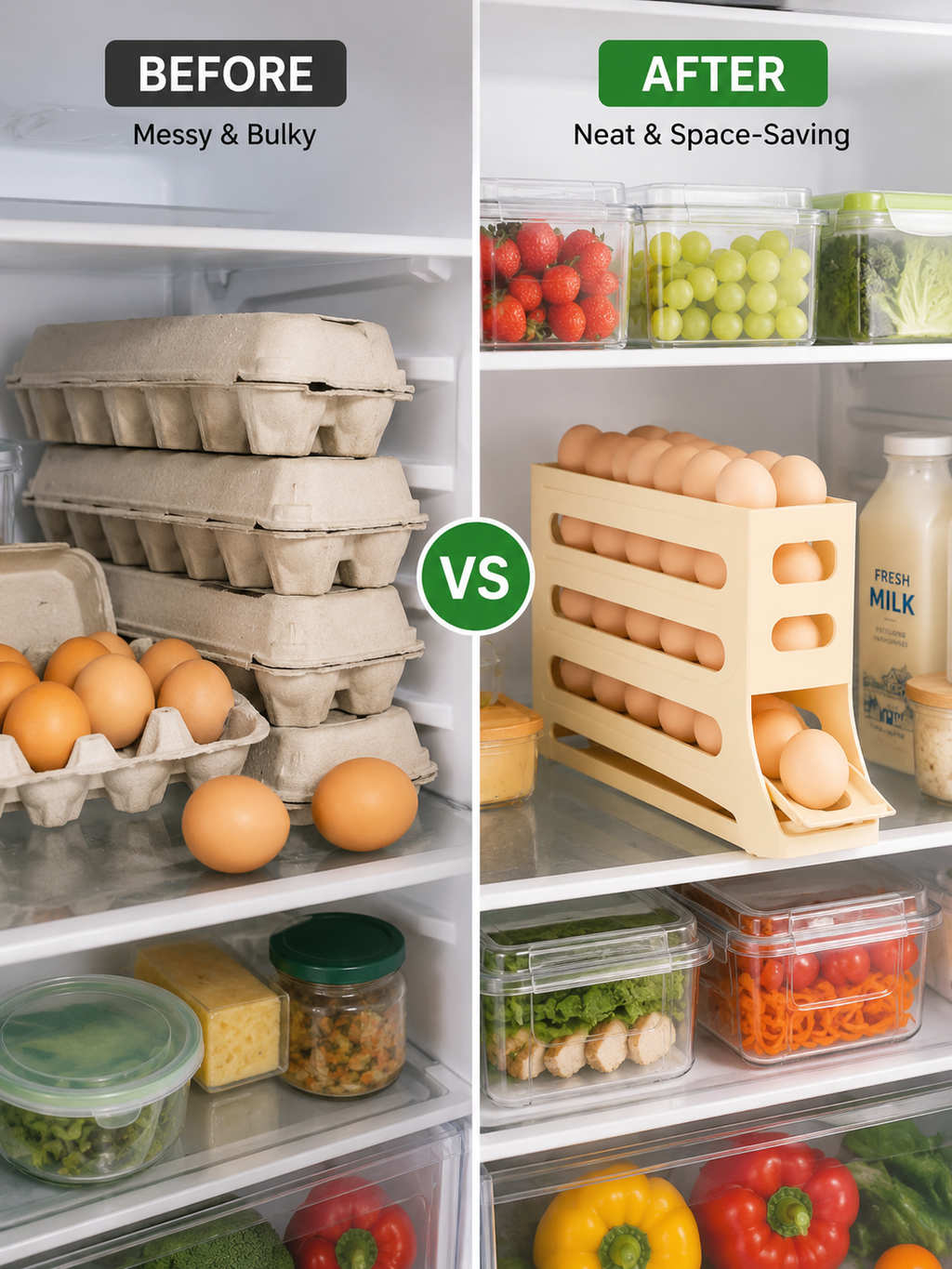 4-Layer Automatic Rolling Egg Storage Rack – Holds Up to 32 Eggs | Gravity-Fed Refrigerator Egg Organizer | Gray, White or Light Yellow