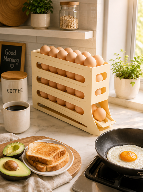 4-Layer Automatic Rolling Egg Storage Rack – Holds Up to 32 Eggs