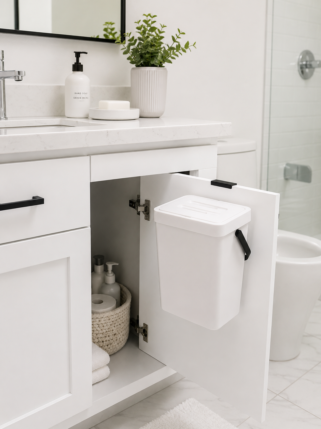 3L Hanging Kitchen Trash Can with Lid – Under-Sink Cabinet Door Garbage Bin with hanging Hook | Food Waste & Compost | Space-Saving | White