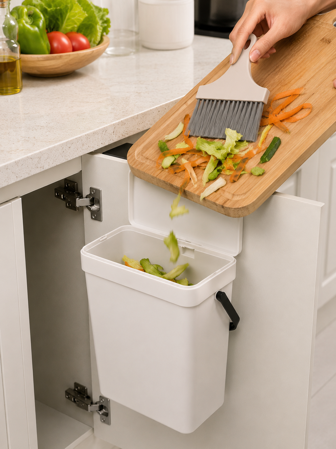 3L Hanging Kitchen Trash Can with Lid – Under-Sink Cabinet Door Garbage Bin with hanging Hook | Food Waste & Compost | Space-Saving | White